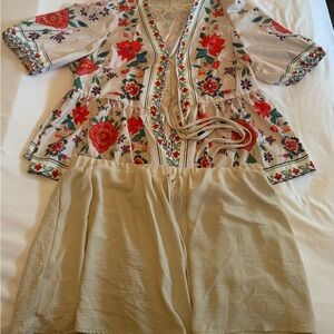 Floral Embroidered Top with Beige Shorts